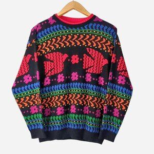 Vintage 80s Pandora Sweater Bright Bird‎ Floral Knit Colorful Jumper l Medium